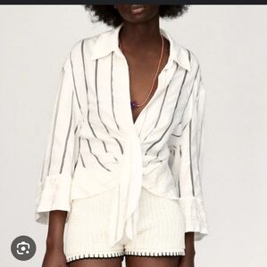 Zara Sheer Paneled Extra Wide Cuff Deep V Neck High Low Button Tie Waist Blouse